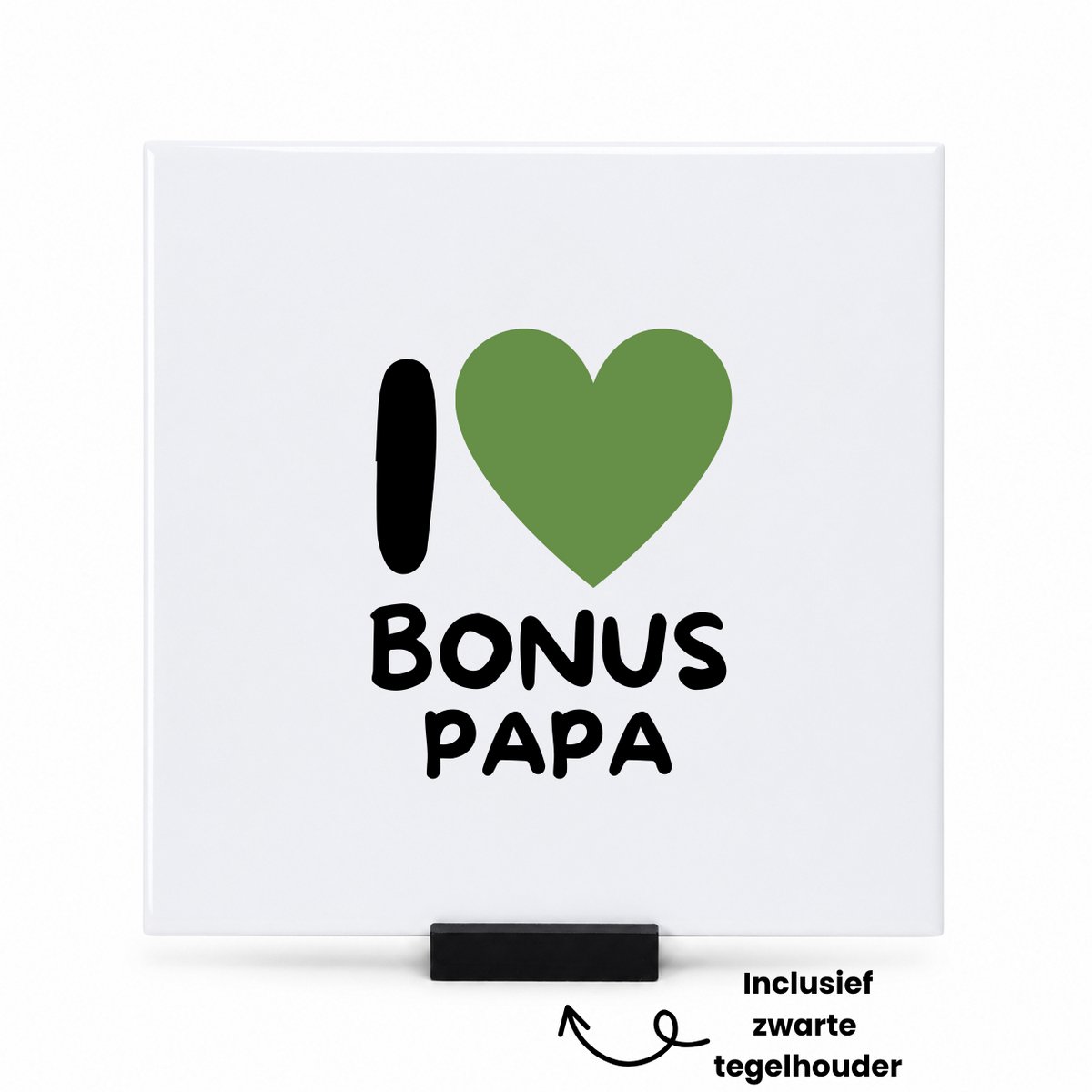 Hacebo I love bonus papa met groen hart tegeltje met tegelhouder - Papa - Liefste bonuspapa - tegeltjes met tekst - Vaderdag cadeautje - Cadeau voor papa - Verjaardag - Geschenk - Cadeau - Gift - spreuktegels - 15x15 CM Wit