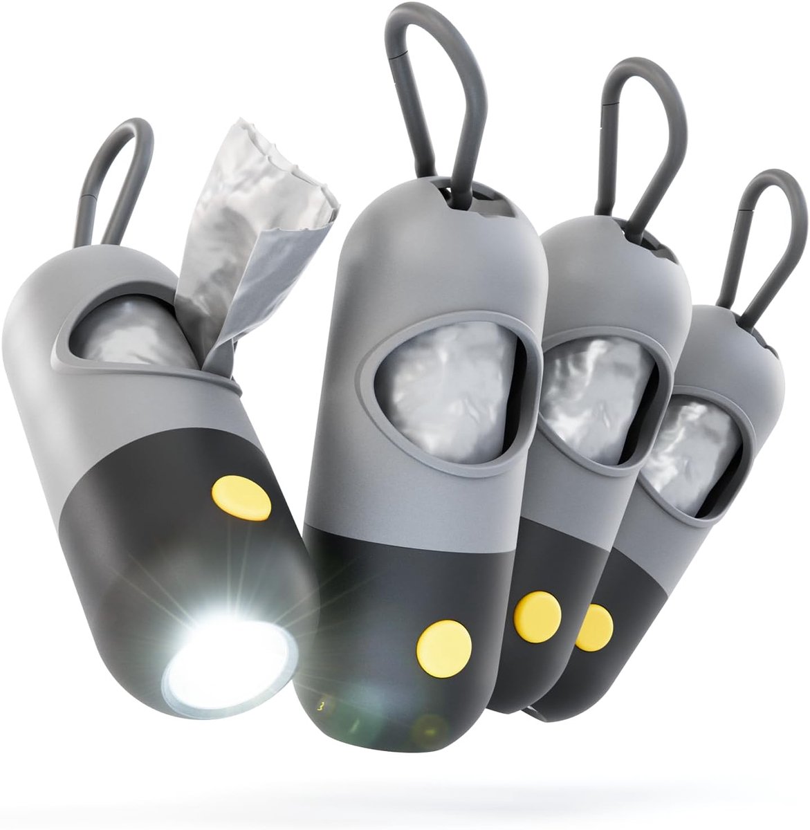 SnelShoppen - 4 x Dog Poop Bag Dispensers met Zaklamp en Carabiner Clip - Poepzak Houder voor Hondenriem - Inclusief 30 Poepzakken voor Nachtelijke Wa