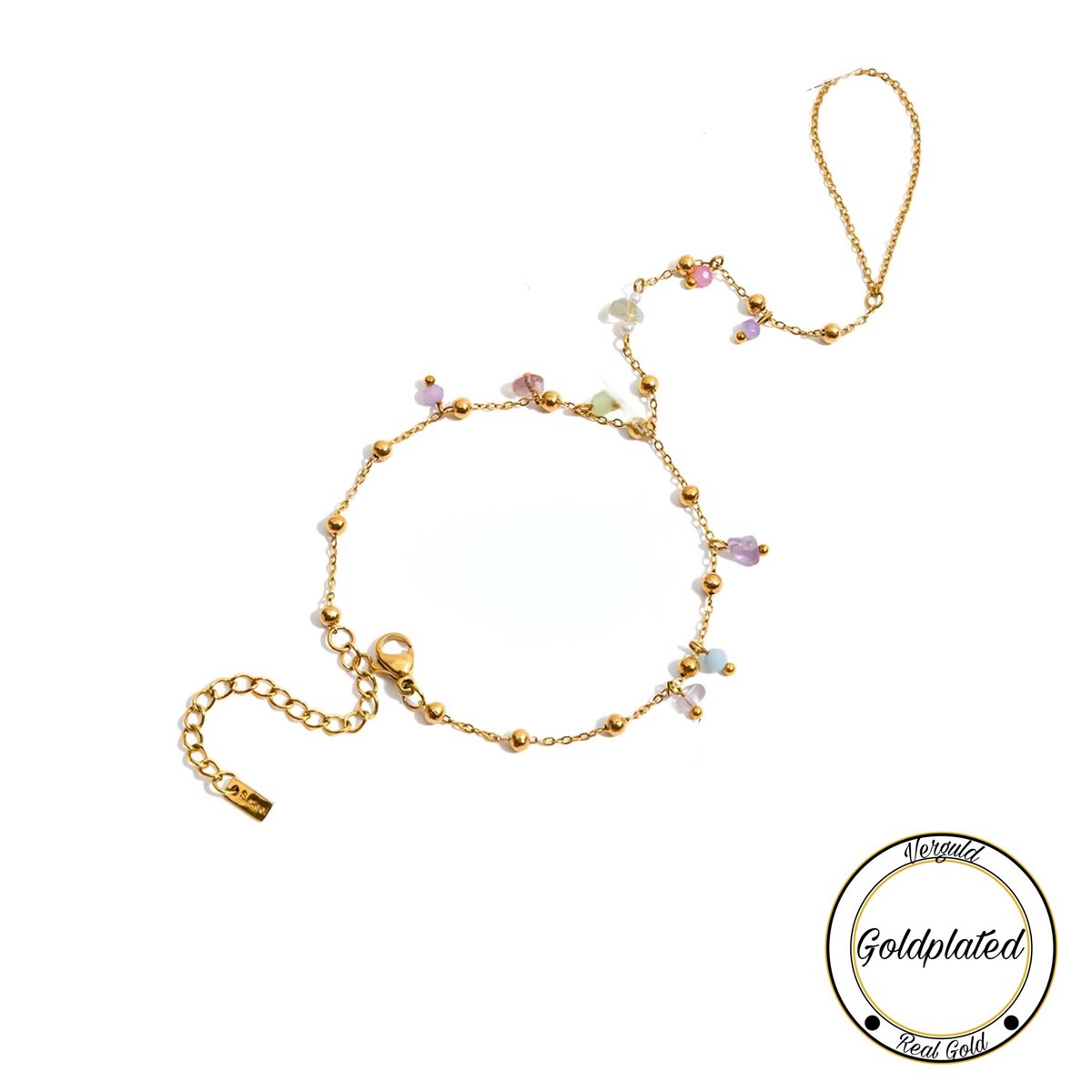 Handketting met Kralen | Goldplated | Kleurtjes Kralen | Goudkleurig | Handketting | Dames Sieraden | Armband | Ring | Natuursteen |