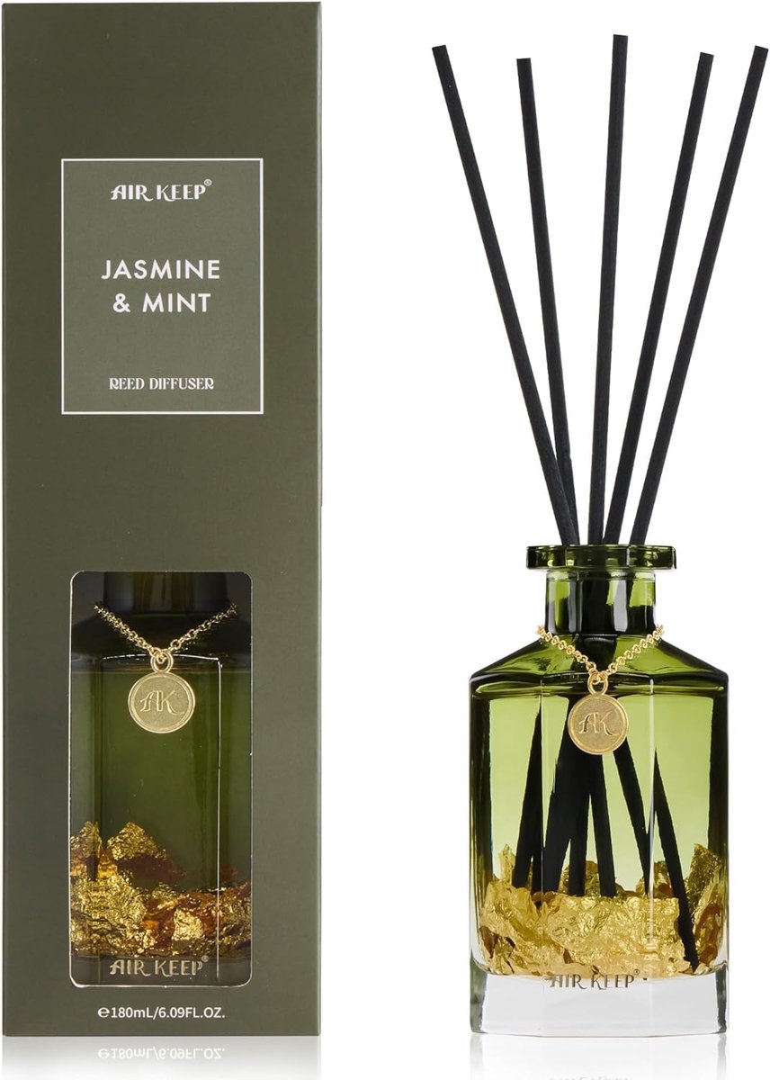 SnelShoppen - Airkeep Geurstokjes Diffuser 180ml - Jasmijn & Munt - Langdurige Huisspray met 8 Geurstokjes voor Badkamer, Slaapkamer en Woonkamer