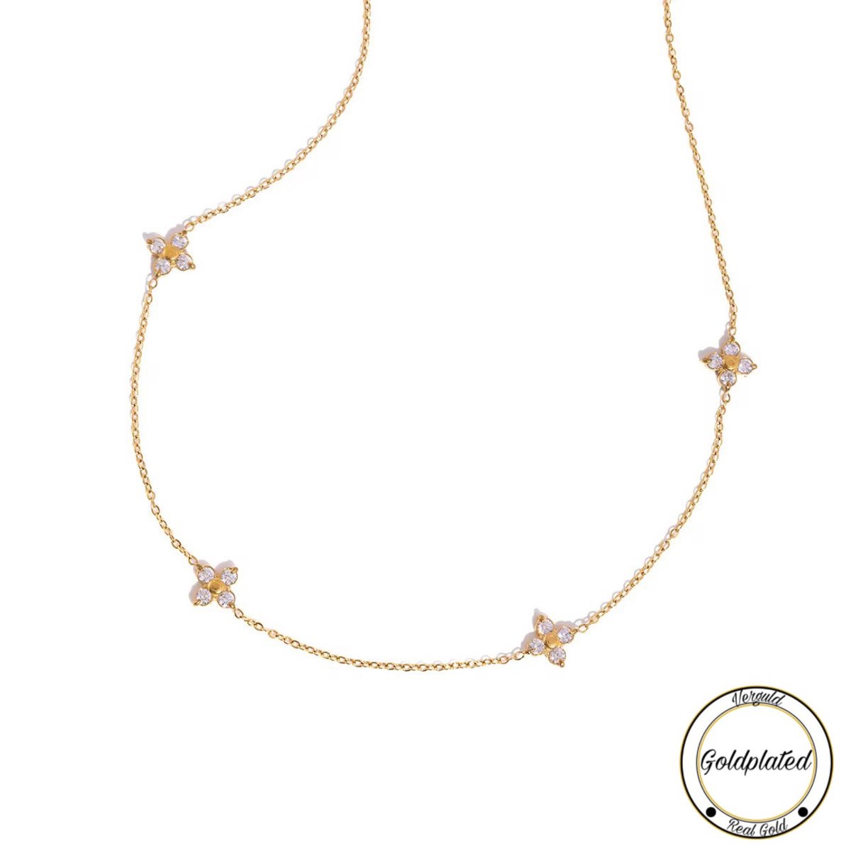 Goldplated Klaver Ketting met Zirkonia | Fijne Goudkleurige Damesketting | Lucky Clover | Minimalistisch Cadeau voor Haar | Borasi |