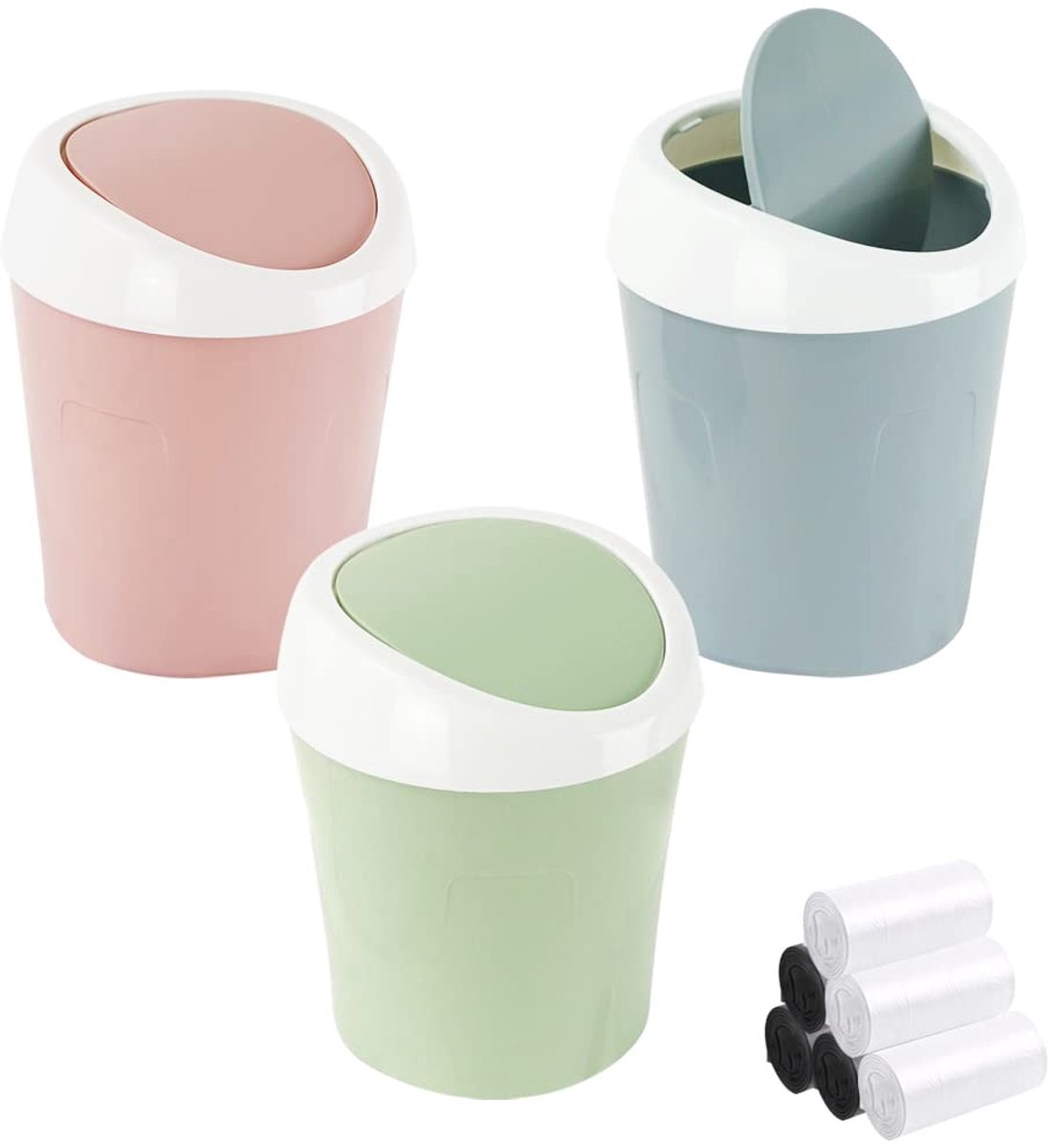 SnelShoppen - 3 Stuks Mini Prullenbakken met Deksel en 6 Rollen Vuilniszakken - Compacte Plastic Bins voor Badkamer, Kantoor, Keuken, Desk, Auto - Kle