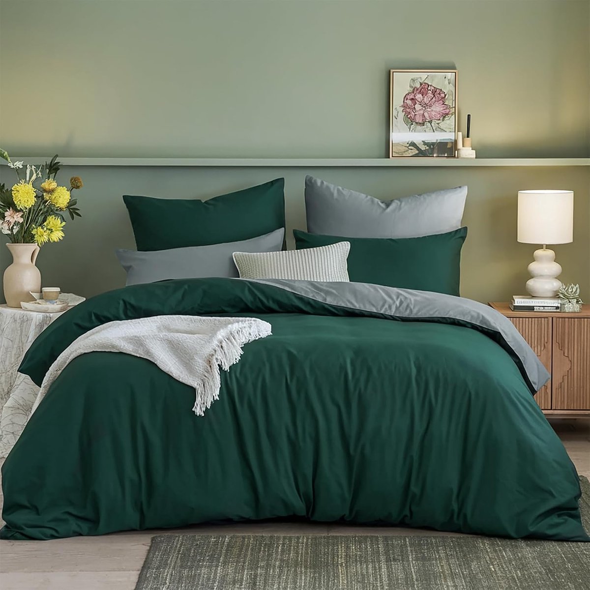 SnelShoppen - Luxe RUIKASI Beddegoed Set 200 x 220 cm Groen Grijs - 3-delig Dekbedovertrek met Rits - Oeko-Tex Microfibre - Zacht en Kreukvrij - Ideaa