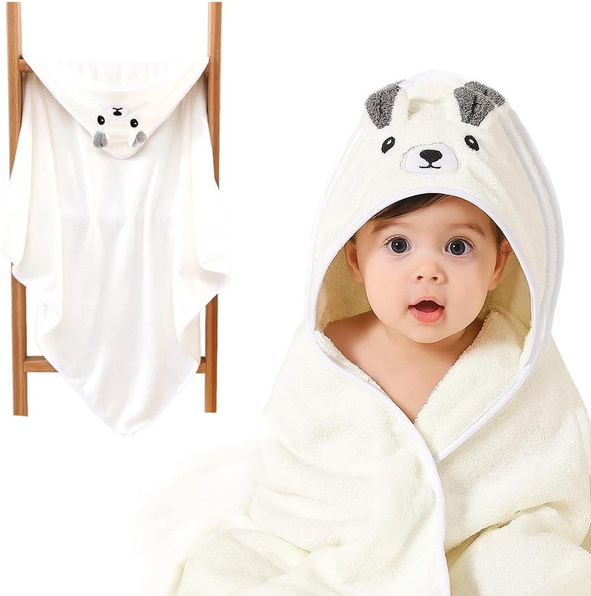 SnelShoppen - Babybadjas 80x80 cm met Capuchon - Extra Zacht en Super Absorberend - Voor Pasgeborenen en Kinderen van 0-3 Jaar - Wit - Machinewasbaar