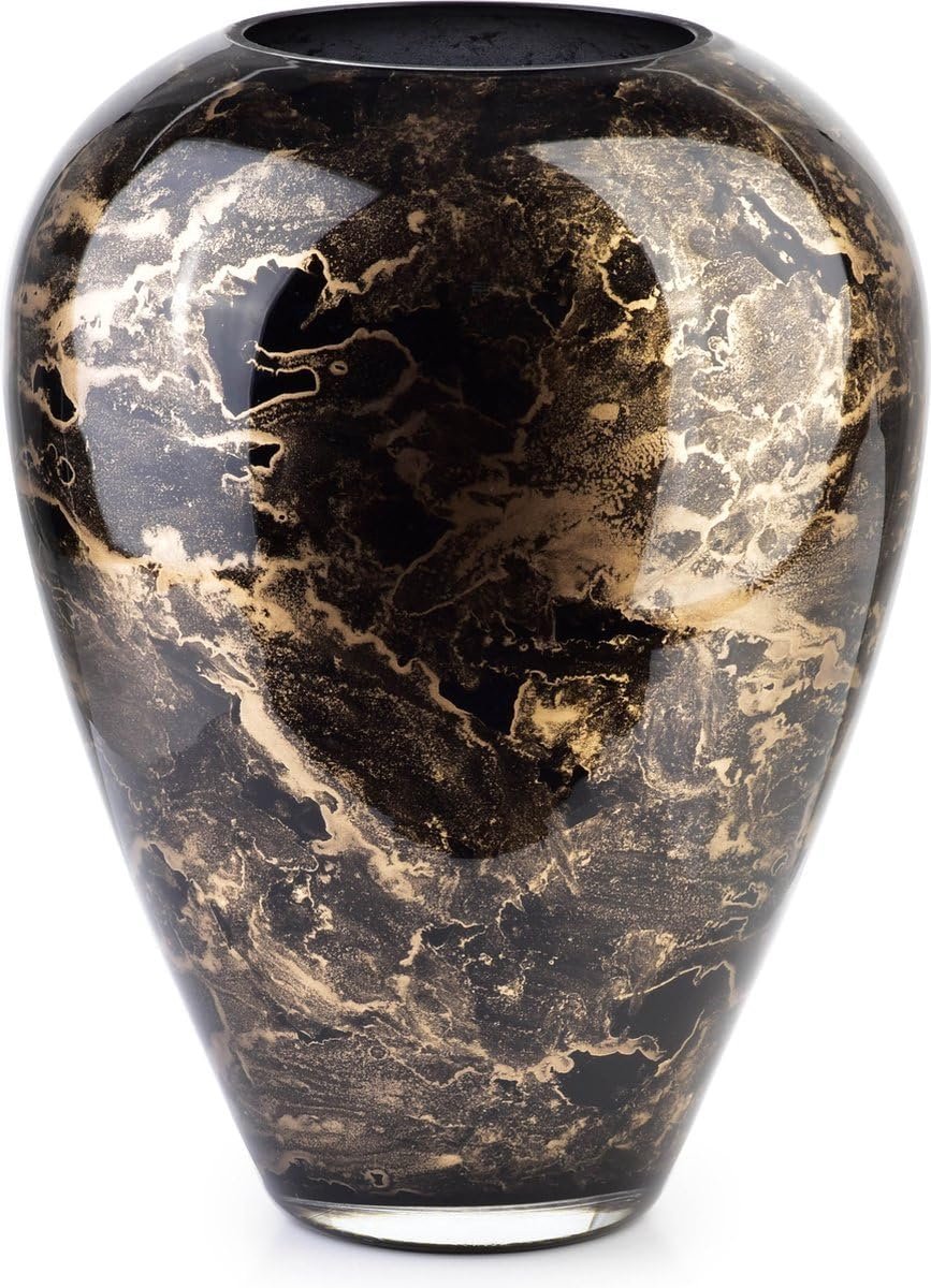 SnelShoppen - Elegante Terroso Vaas van Mondgeblazen Zwart Glas - 27 cm Hoog - Luxe Uiterlijk met Marmerlook - Ideaal voor Bloemen, Hudecoratie en Fee