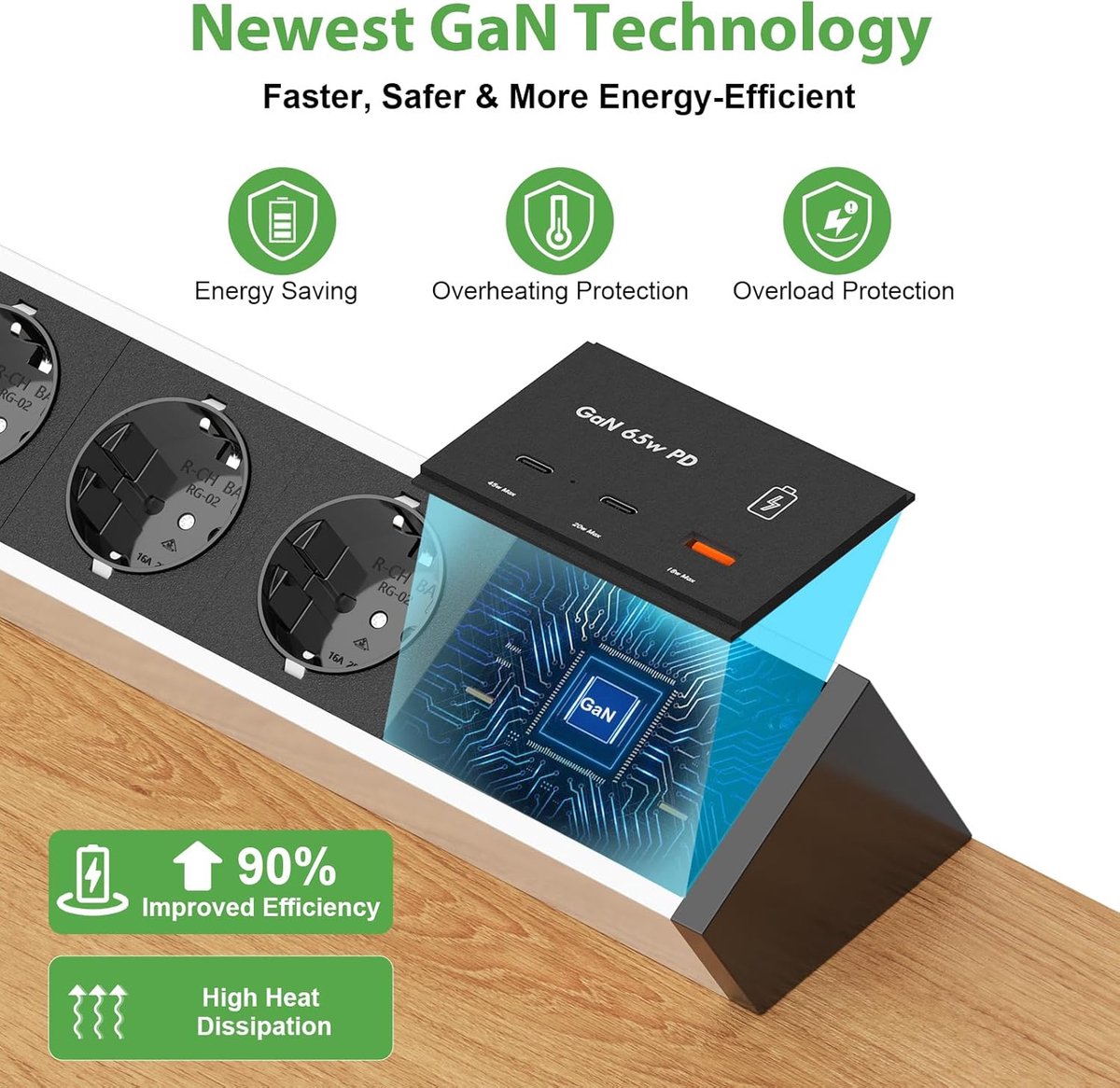 SnelShoppen - Aluminium 3-Way Tafel Socket met 2 USB-C GaN PD 65W en 3m Kabel, Power Strip met Schakelaar voor Thuis en Kantoor, Zilver Zwart