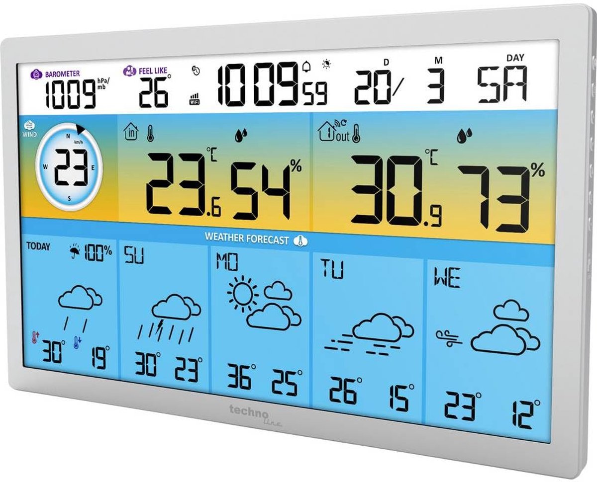 SnelShoppen - Weerstation Techno Line WD2500 XXL - Binnen- en buitentemperatuur, vochtigheid, weerapp iOS Android, 4-daagse weersvoorspelling, baromet