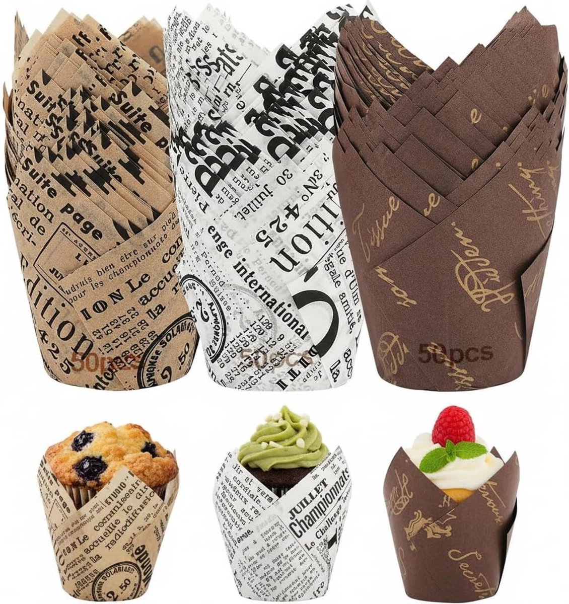 SnelShoppen - Cupcake-vormpjes tulpenpapier, vetafstotend en hittebestendig, 150 stuks, bruin, zwart en wit, perfect voor bruiloften, verjaardagen en