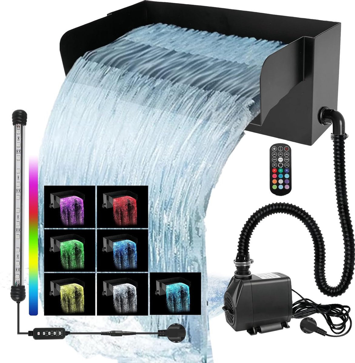 SnelShoppen - Pond Waterfall Filter Set 45W met 3000L/H Pomp, 30cm RVS Tuin Waterval met Kleurrijke LED Verlichting voor Tuin, Patio en Zwembad Decora