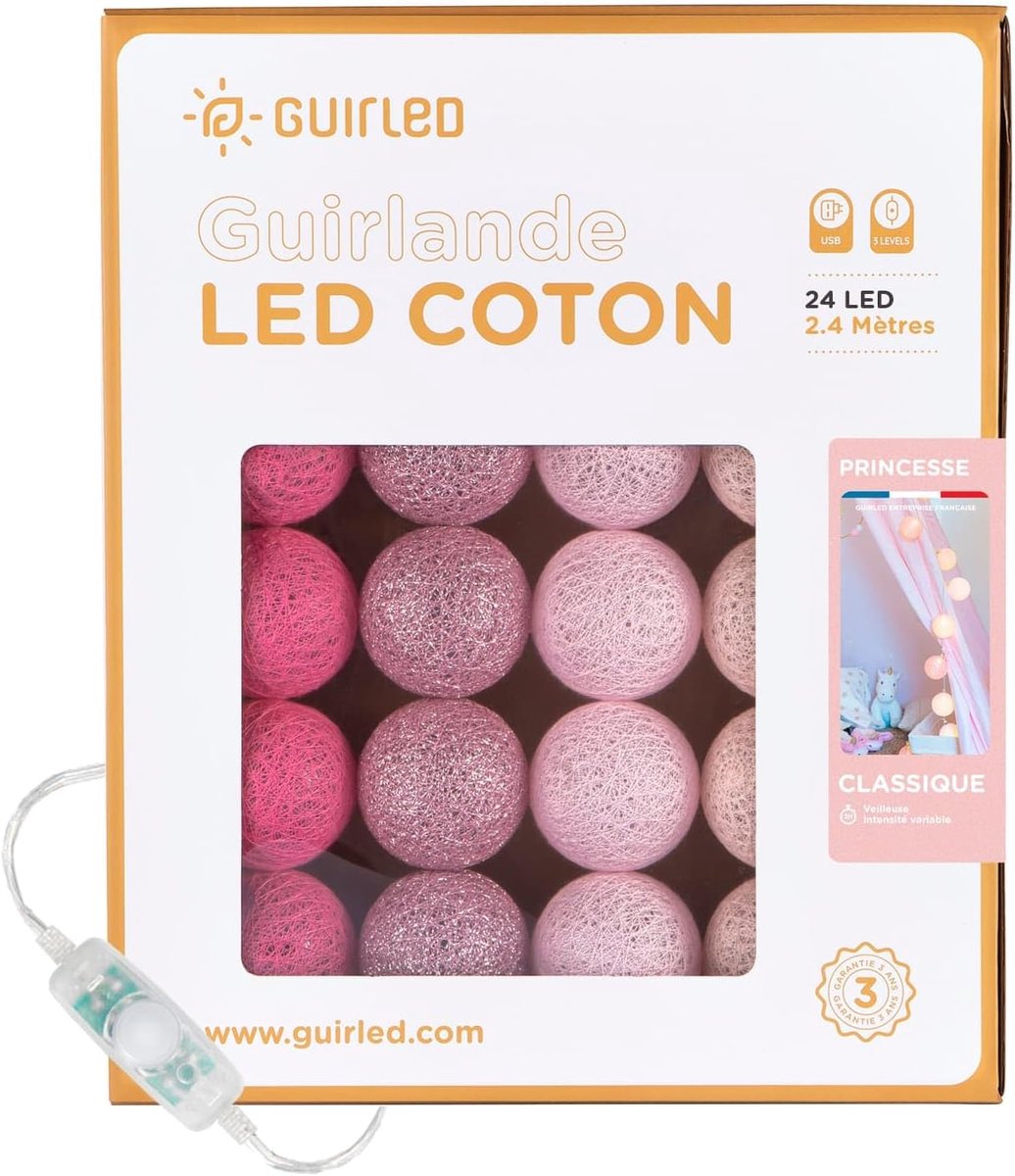 SnelShoppen - GuirLED Fairy Lights met Katoenen Ballen - LED USB Baby Nachtlampje - 2 Uur Verlichting - AC Adapter - 3 Sterkte - 24 Bollen 2.4m - Prin