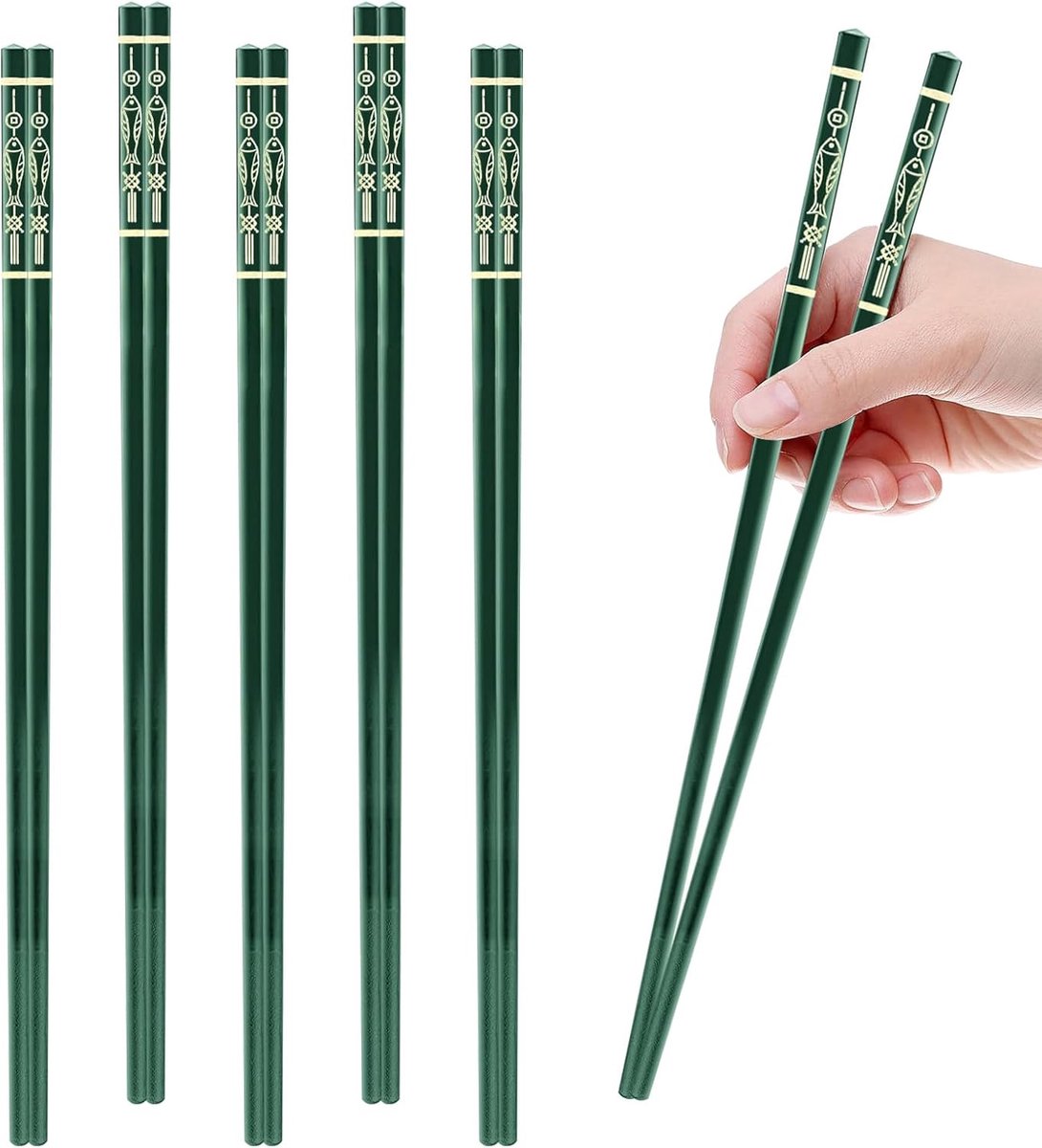 SnelShoppen - 5 Pairs Herbruikbare Fiberglass Chopsticks - Japanse Etenstokjes - 24 cm met Carp Patroon - Groene Antislip Stokken - Vaatwasserbestendi