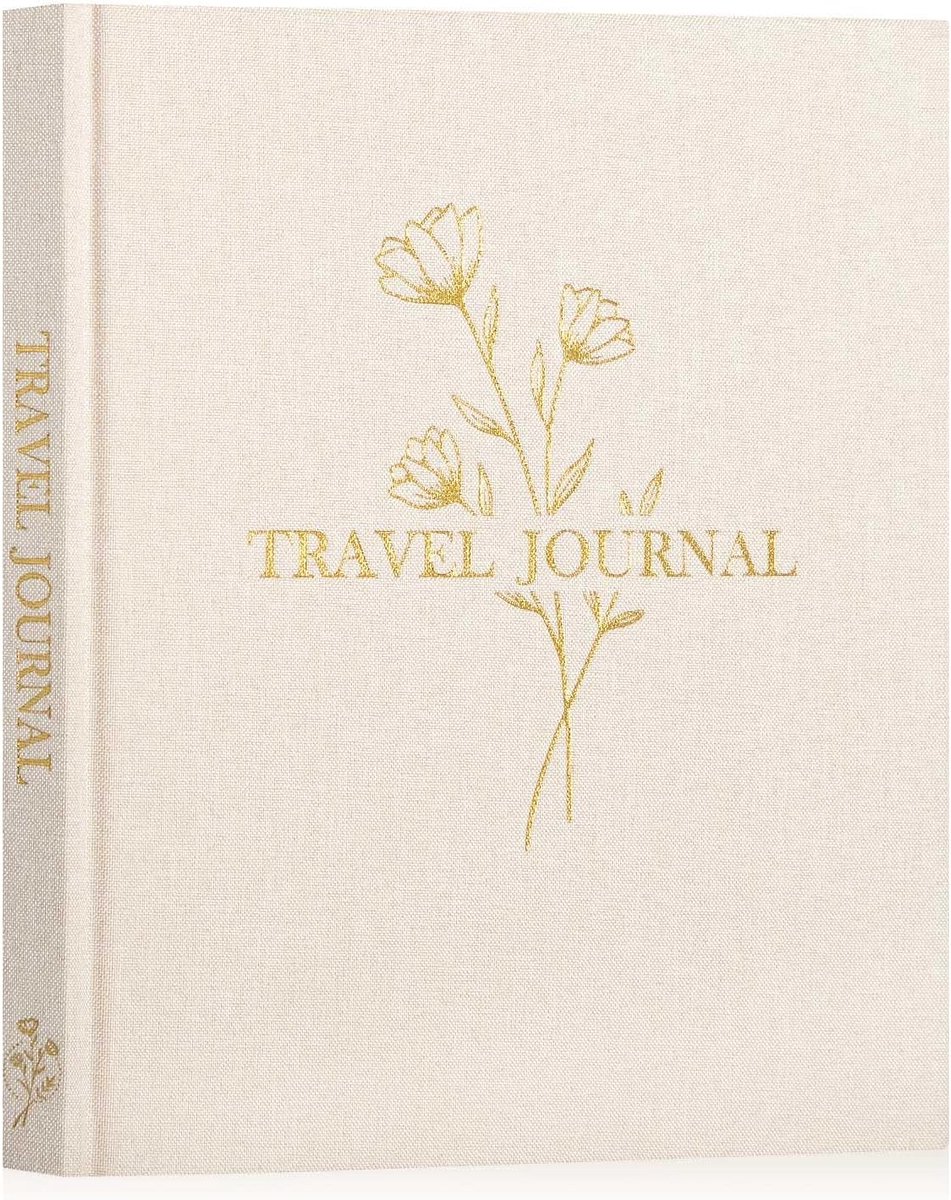 SnelShoppen - Linnen Reisdagboek voor Mannen en Vrouwen, 110 Pagina's, Geheugenboek met Aanwijzingen, Scrapbook, Reisnotitieboek in Beige voor Herinne