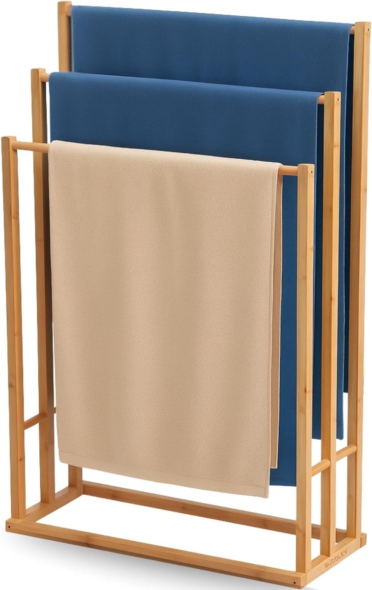 SnelShoppen - BUDDLEY Handdoekhouder - Vrijstaand - 55 cm - 3 Stangen - Badkamer Handdoekrek - Geen Boren - FSC Bamboe - Scandinavisch Design