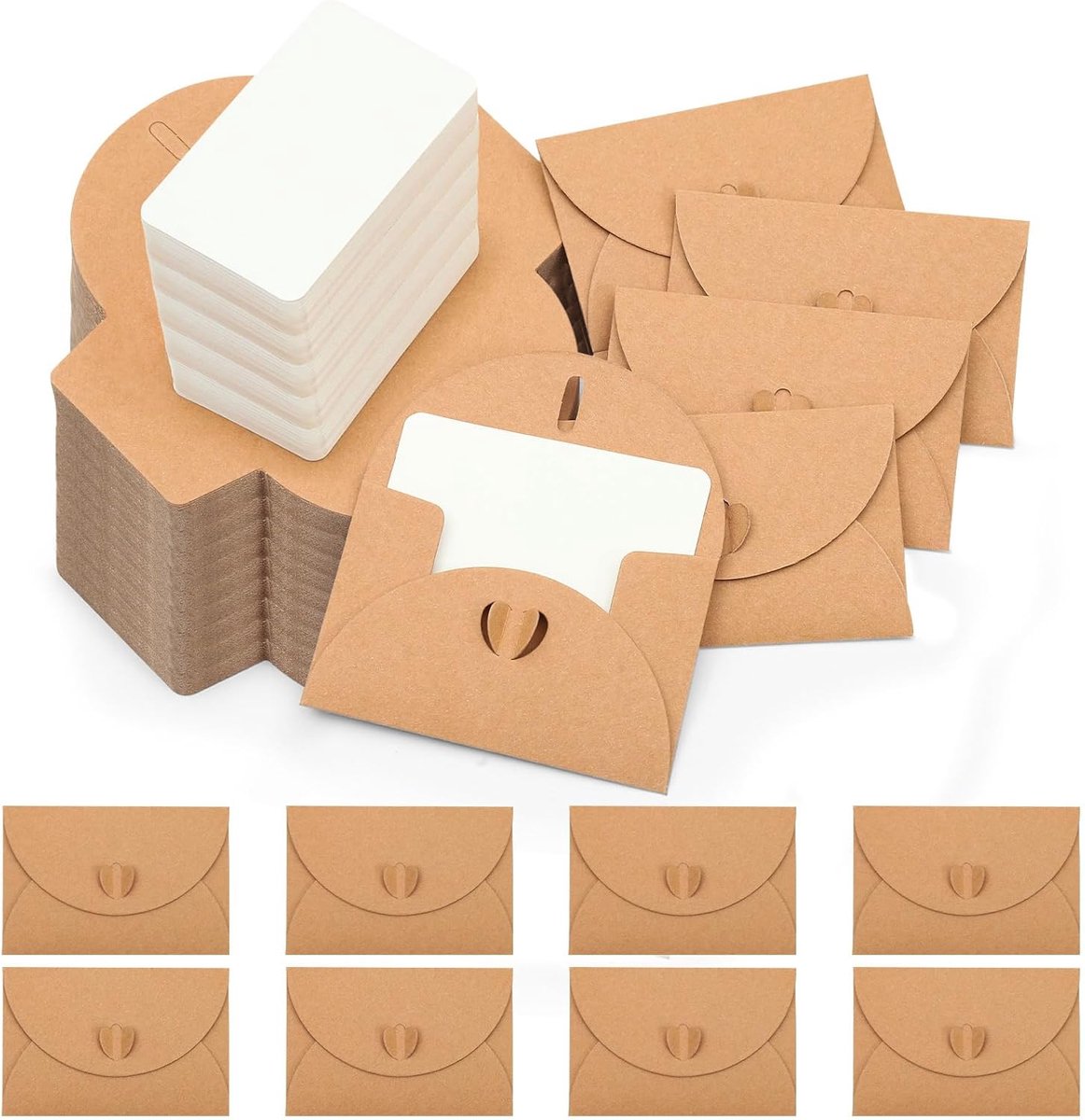 SnelShoppen - 60 Stuks Mini Enveloppen met 60 Witte Kaarten, 10.5 x 7 cm, Hart Sluiting, Kraft Papier voor Cadeaukaarten, DIY, Feest, Gefeliciteerd Ka
