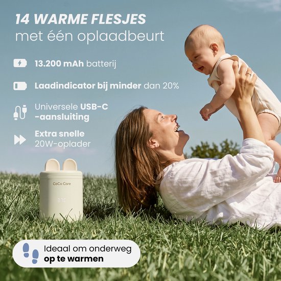 CoCo Care® Heat-2-Go Pro 2025 - Draagbare Flessenwarmer - Flessenwarmer Onderweg - Flessenwarmer Draadloos - 13.200 mAh - Inclusief 5 Adapters & PPSU Babyfles - Beige van Merkloos — afbeelding 2