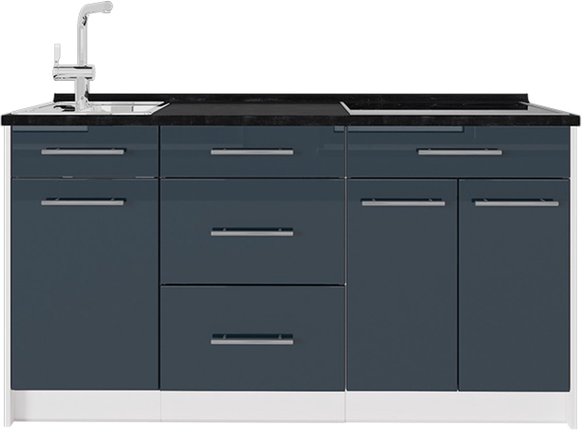 Vicco Keukenblok Fame-Line, Donkerblauw hoogglans/Wit, 150 cm zonder werkblad