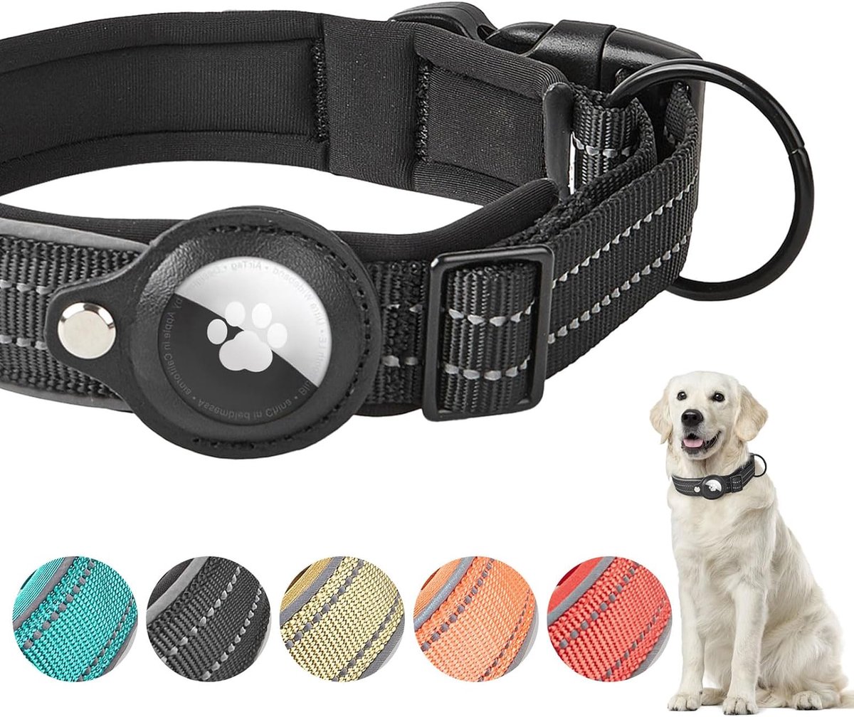 Thijox - AirTag Hondenhalsband XL, Verstelbare Reflecterende Halsband voor Honden, Geïntegreerde Apple AirTag, Zacht Gevoerd, Geschikt voor Grote, Mid