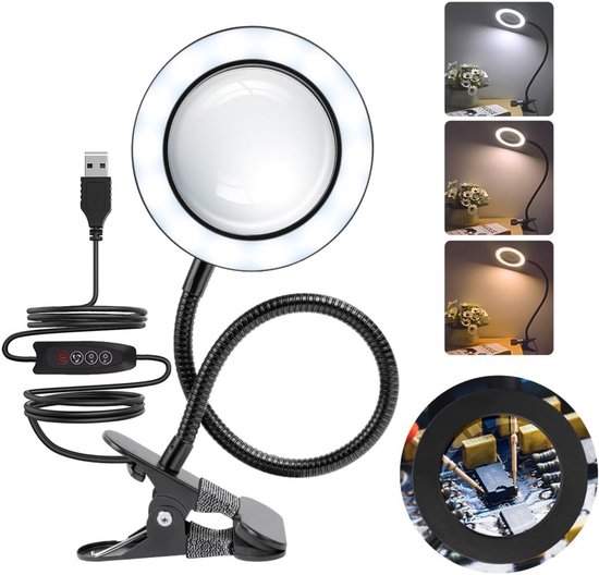 TRANSNECT® - Loeplamp met LED Verlichting - 10x Vergroting - Dimbaar - USB Aansluiting - met Metalen Tafelklem - voor Thuis, Kantoor, Slaapkamer, Lezen, Werken, Studeren - Zwart