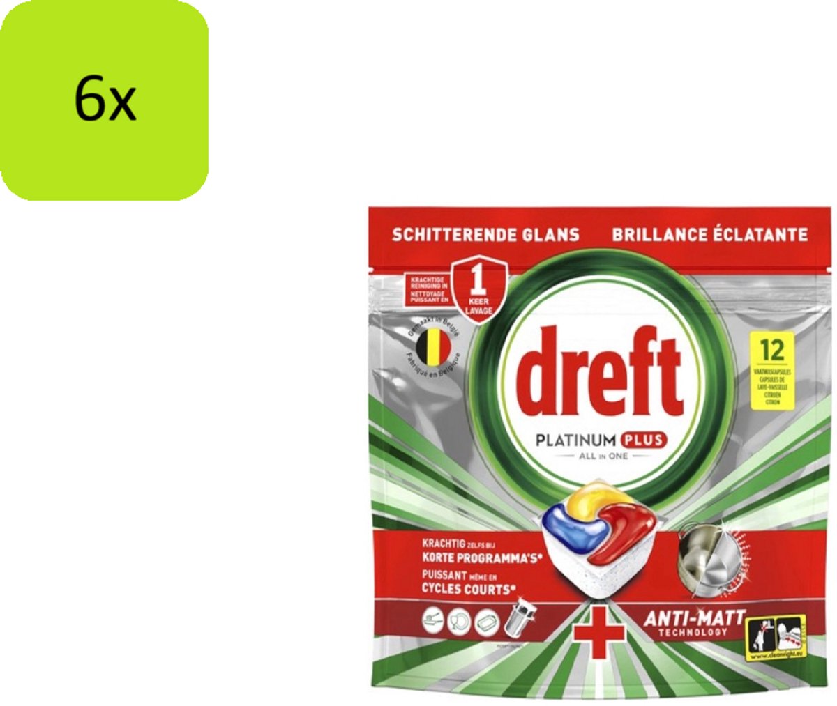 Dreft Platinum Plus All-in-One Vaatwastabletten Lemon – 72 Tabletten (6 pakken x 12 stuks) – Krachtige Vetverwijdering – Anti-Dofheid – Geschikt voor Eco & Korte Programma's
