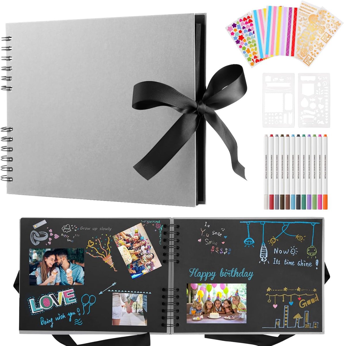 SnelShoppen - Scrapbook Foto Album 80 Zwarte Pagina's, DIY Foto Album met 12 Metallic Marker Pennen, 38 x 20 cm, Herinneringen Vastleggen voor Baby, K