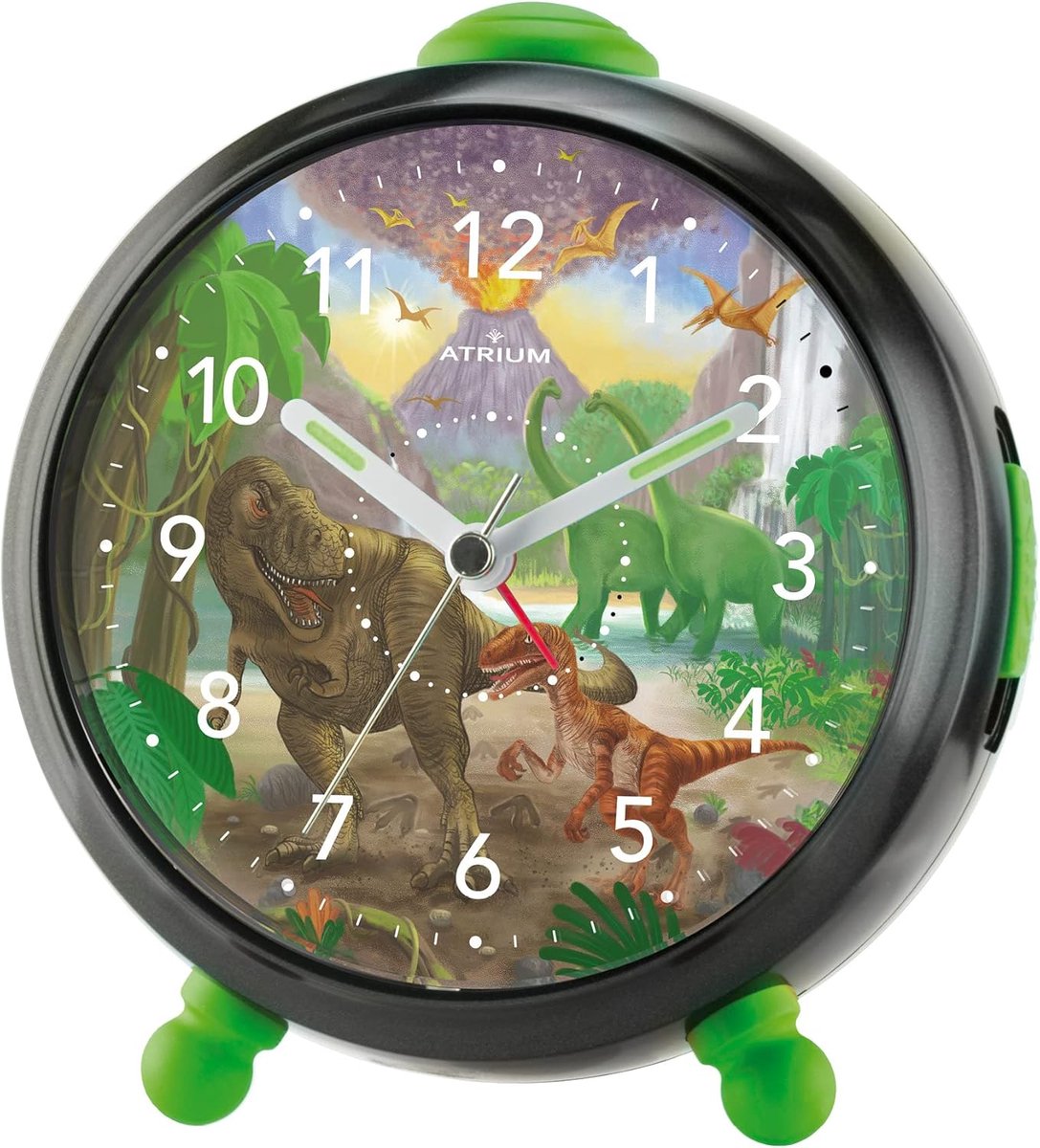 SnelShoppen - Kinderen Alarmklok Dinosaurus T-Rex Zwart/Groen Analoge Quartz Klok met Snooze en Licht - Perfect voor Jongens