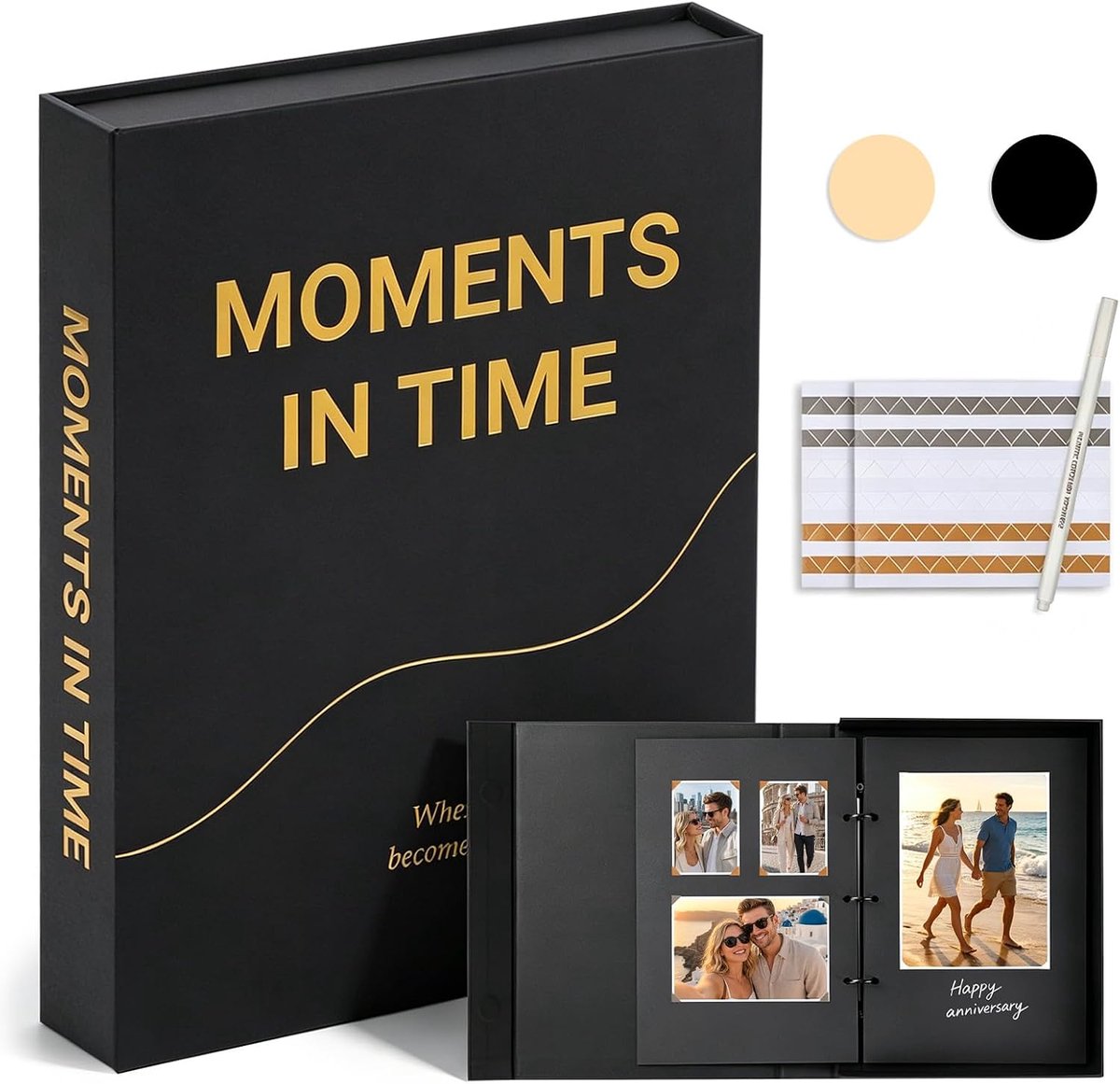 SnelShoppen - Fotoalbum Boekstijl Zwart met Ringband - 35 Blanco Vellen 250 g/m² - Inclusief 120 Hoekstickers en Witte Pen - Ideaal voor Feesten, Heri