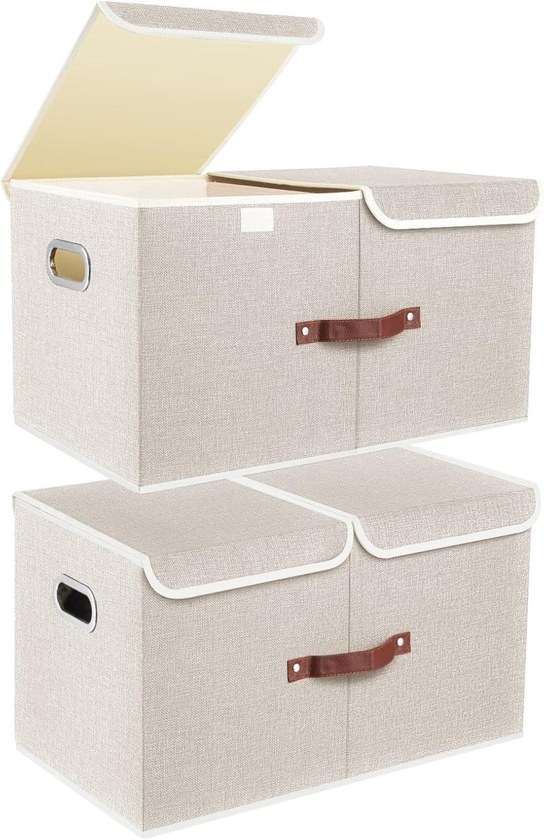 Thijox - Extra Grote Opbergdoos met Vakken & Deksels, Opvouwbare Stoffen Opbergbak 55x33x30 cm, Set van 2, Beige, Ideaal voor Huishouden, Kinderen, Kl