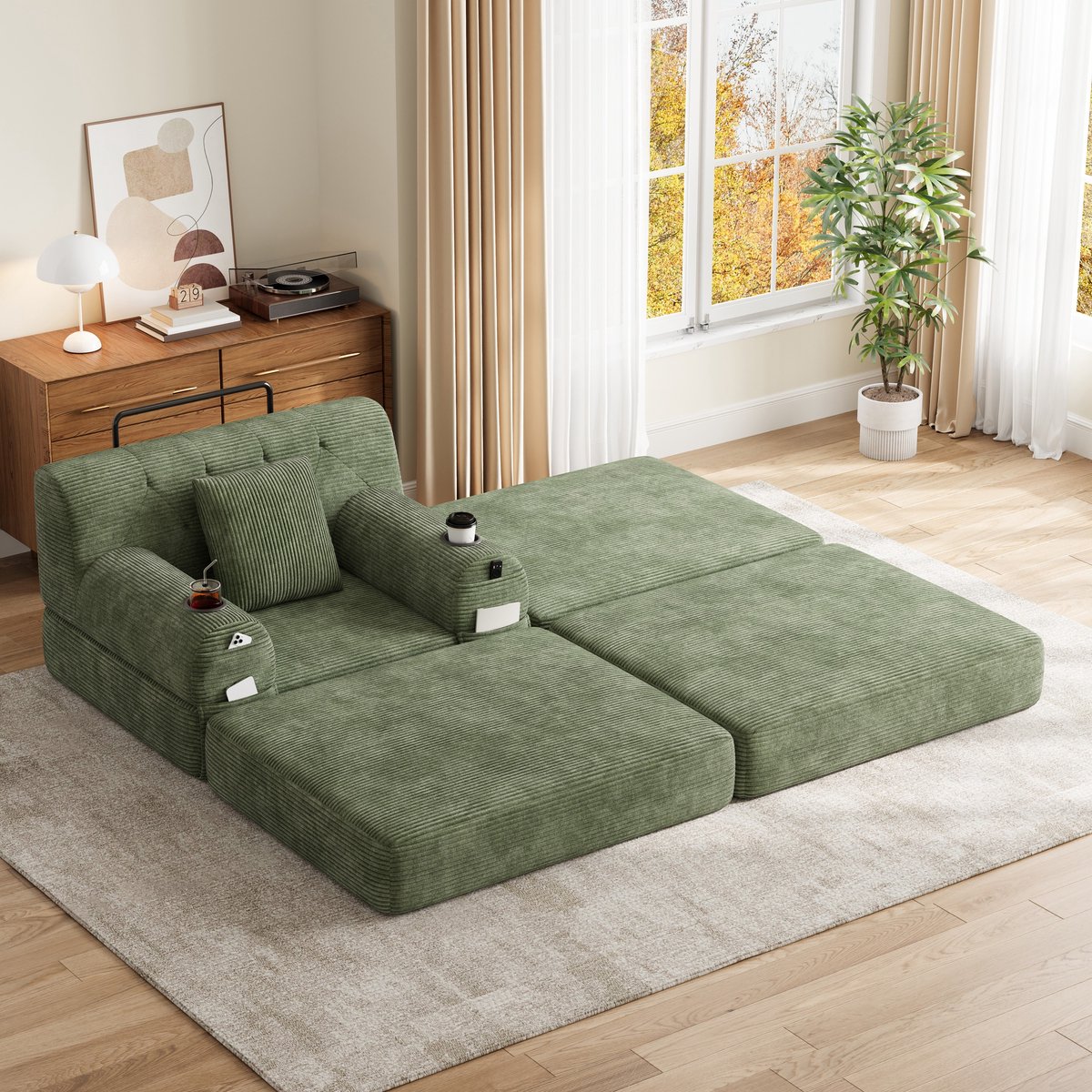 STILVORA Fauteuil 107 x 162 x 81 cm - 1-Zits Slaapfauteuil Met Hocker En Bekerhouders - Voor Woonkamer En Logeerkamer - Cord Groen