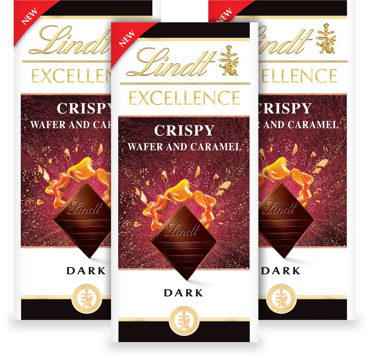 Lindt EXCELLENCE Chocolade Reep Puur - Krokante Wafel Karamel Pure Chocolade - 100g per reep - 3-pack
