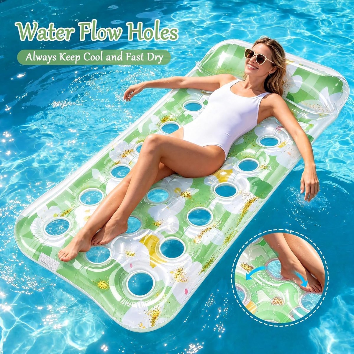 Thijox - Opblaasbare Zwembaddrijvers voor Volwassenen met Hoofdsteun en Waterstroomgaten - Glitter Lilo Vlotligstoel voor Zwemfeest, Tuin en Vakantie