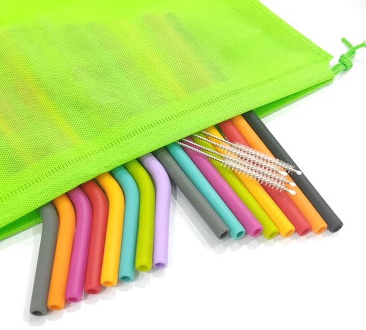 16 stuks siliconen rietjes, herbruikbaar, 8 gebogen + 8 rechte kleurrijke drinkrietjes, reguliere maat smoothie rietjes, zachte flexibele siliconen riet met 2 schoonmaakborstels en opbergtas