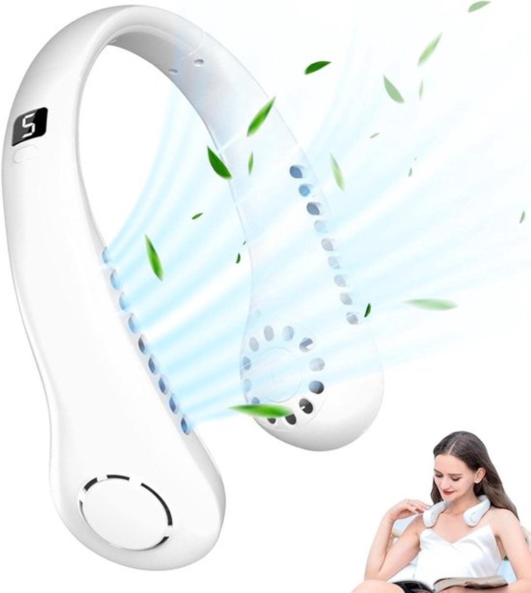 Ventilator - Draagbare Nekventilator - Bladloos Turbineontwerp - display - USB Oplaadbare Handsfree Ventilator - Lichtgewicht en Stil - Fietsen, Thuis en Zomer - 5 Snelheden met LED - Wit