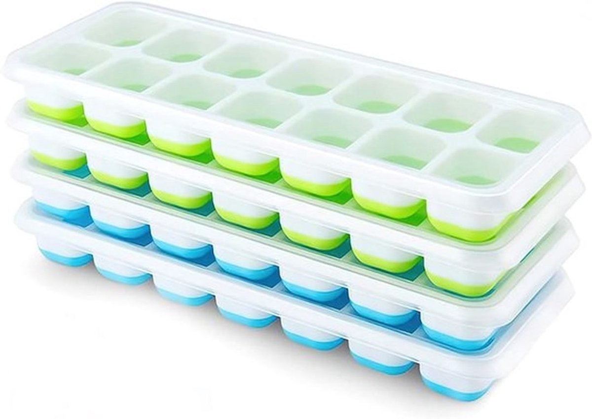 ijsblokjesvorm 4Kofferpakket,Siliconen,Met afneembaar deksel,Gemakkelijk los te maken en flexibel,Niet inbegrepen BPA,Stapelbaar-groen, blauw