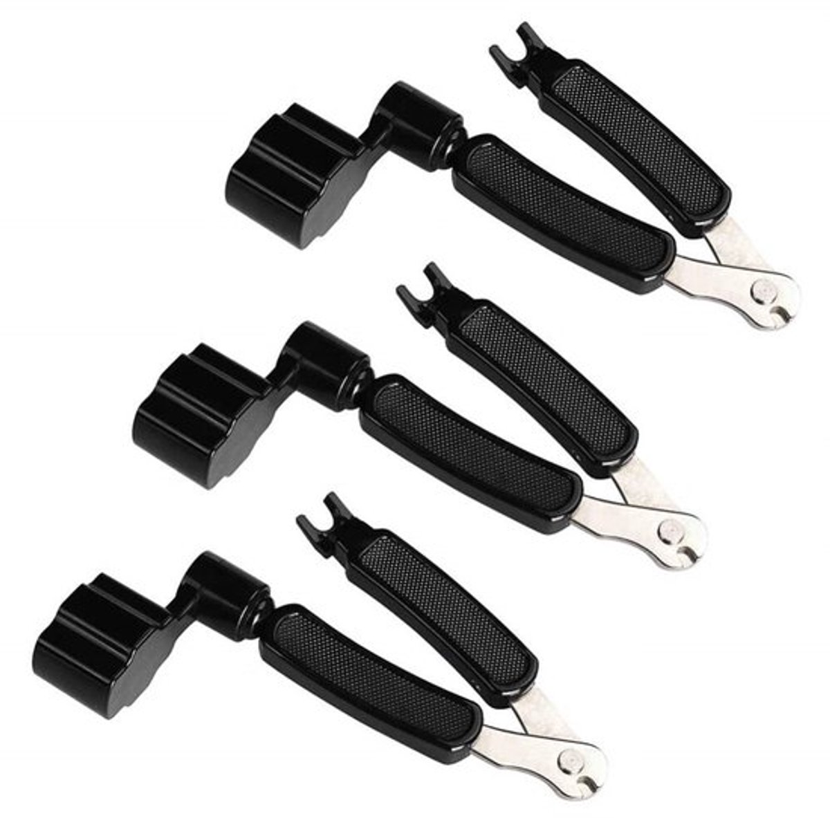 Een 3-delige set bestaande uit een gitaarsnaarwinder, een gitaarsnaarsnijder en een brugpenverwijderaar; een drie-in-één gitaargereedschapset; gitaaraccessoires.