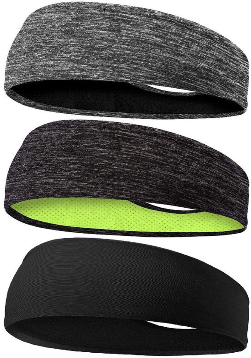 3 sportieve haarbanden, grijs/zwart, ademend, antislip.