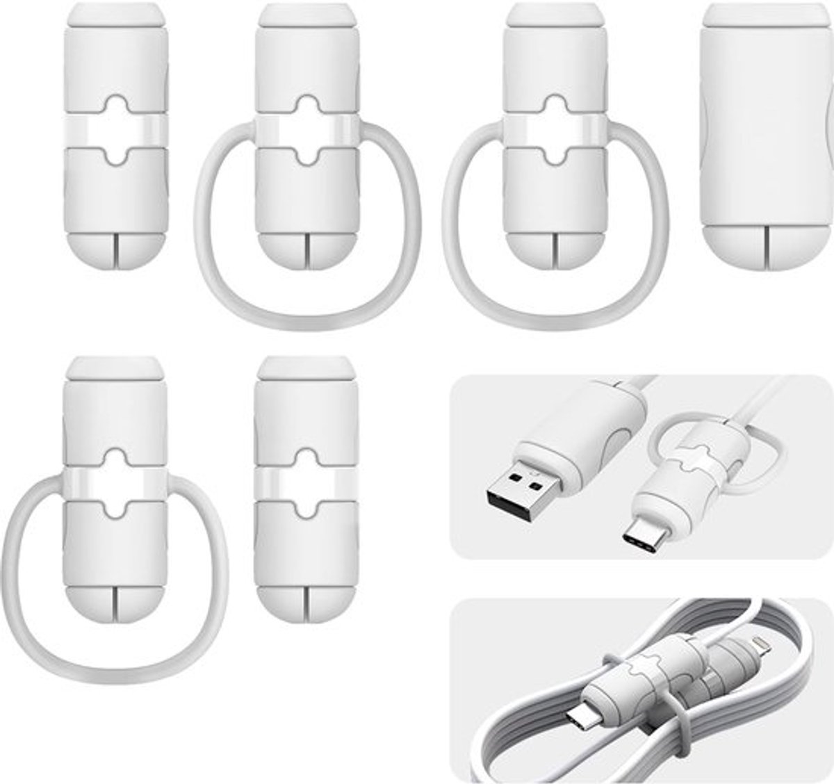 sets kabelbeschermers voor USB-datakabels, siliconen kabelbeschermers voor laptops, iPads en Android-datakabels, en een kabelkniptang (wit).