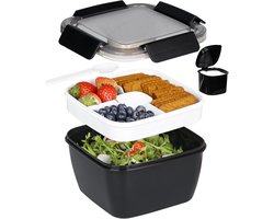 SnelShoppen - Greentainer Lunchbox Lekvrije Bento Box met Vork, Slacontainer met Dressinghouder, 3 Vakken, Saladebox-to-go, 1500 ml, Zwart voor School
