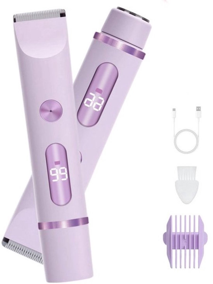 2-in-1 scheerapparaat voor dames - elektrisch scheerapparaat - bikinilijntrimmer - waterdicht - epilator - damestrimmer - met digitaal display - paars