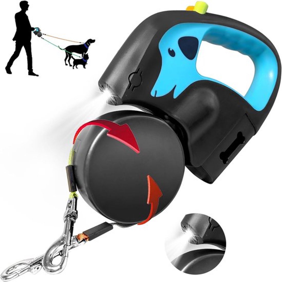 Dubbele Hondenriem - 3m - Hondenriemen - Hondentuig - Hondenlijn - hondenmand - Led lamp - Uitschuifbare riem - Automatische uitschuifbare hondenriem - Antislip Rollijn - Antislip handgreep - Blauw