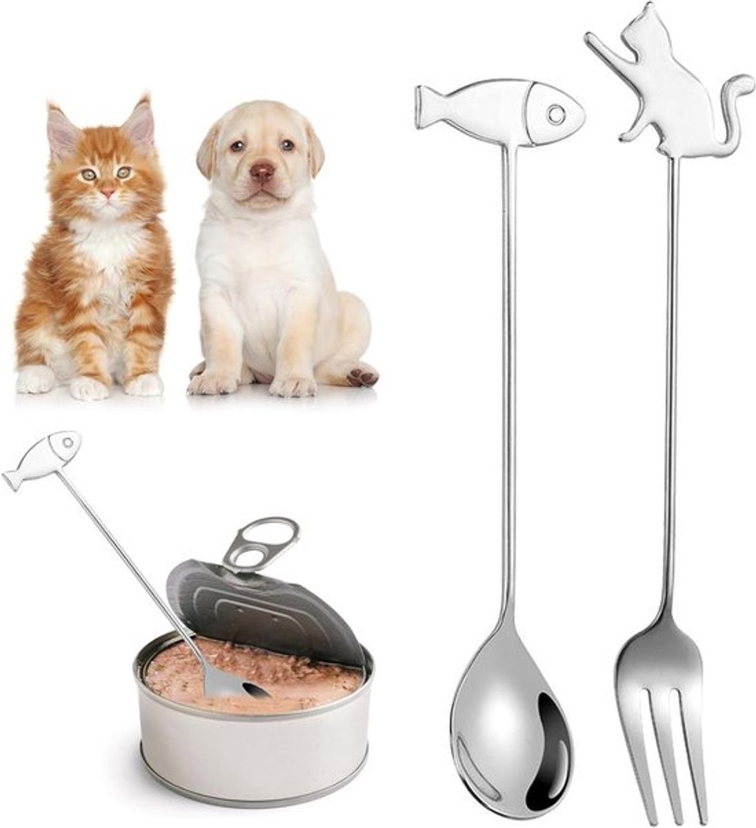 Schattige roestvrijstalen huisdiervoedingslepels - 2 stuks voor hond en kat - natvoer lepel met kattenvork en vislepel
