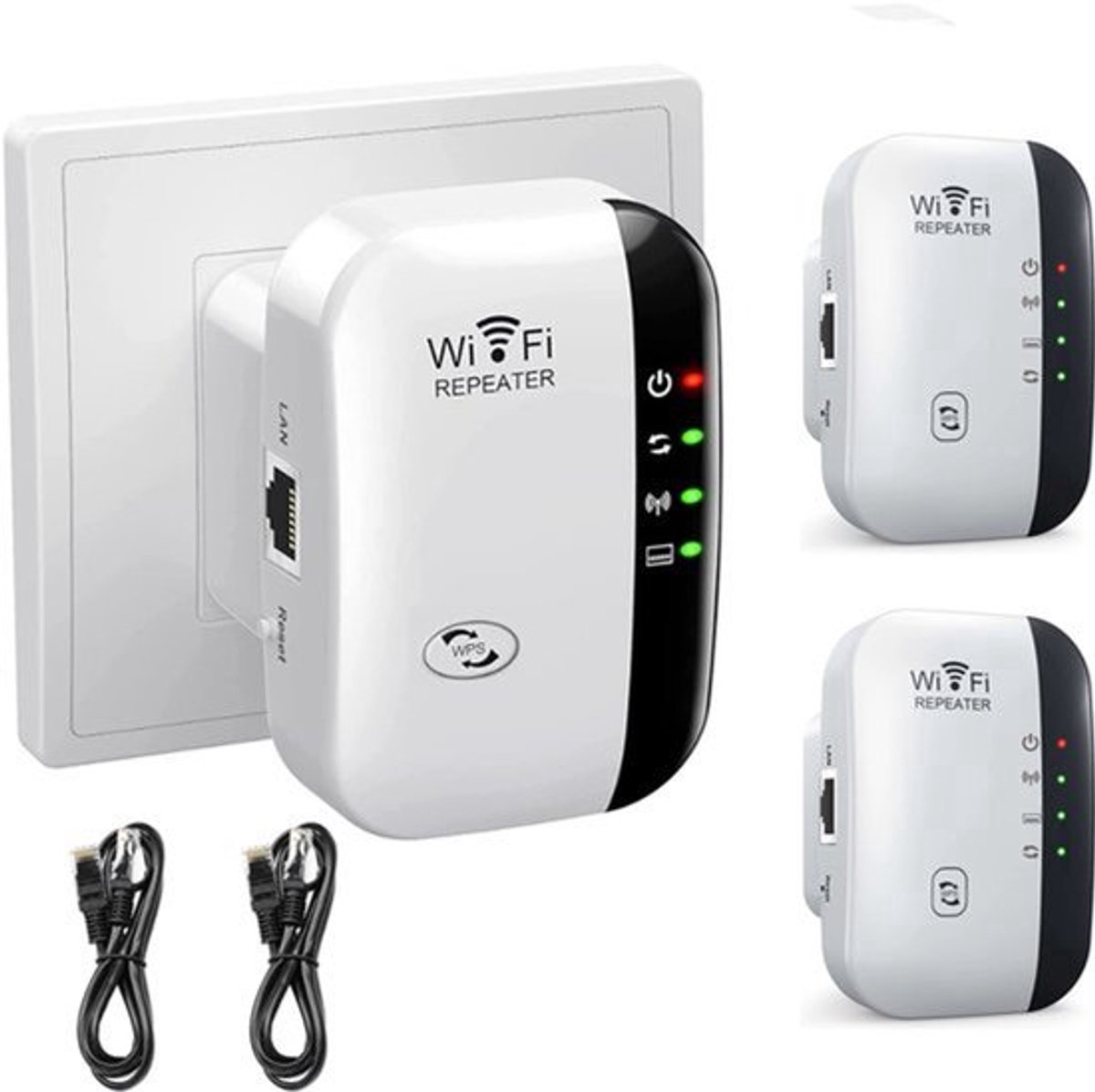 wifi versterker-2 stuks-wifi versterker stopcontact-Signaal versterker voor thuis-Instellen met één klik-WiFi Repeater-300Mbps-Ethernet-kabel meegeleverd-Inclusief 90cm ethernetkabel