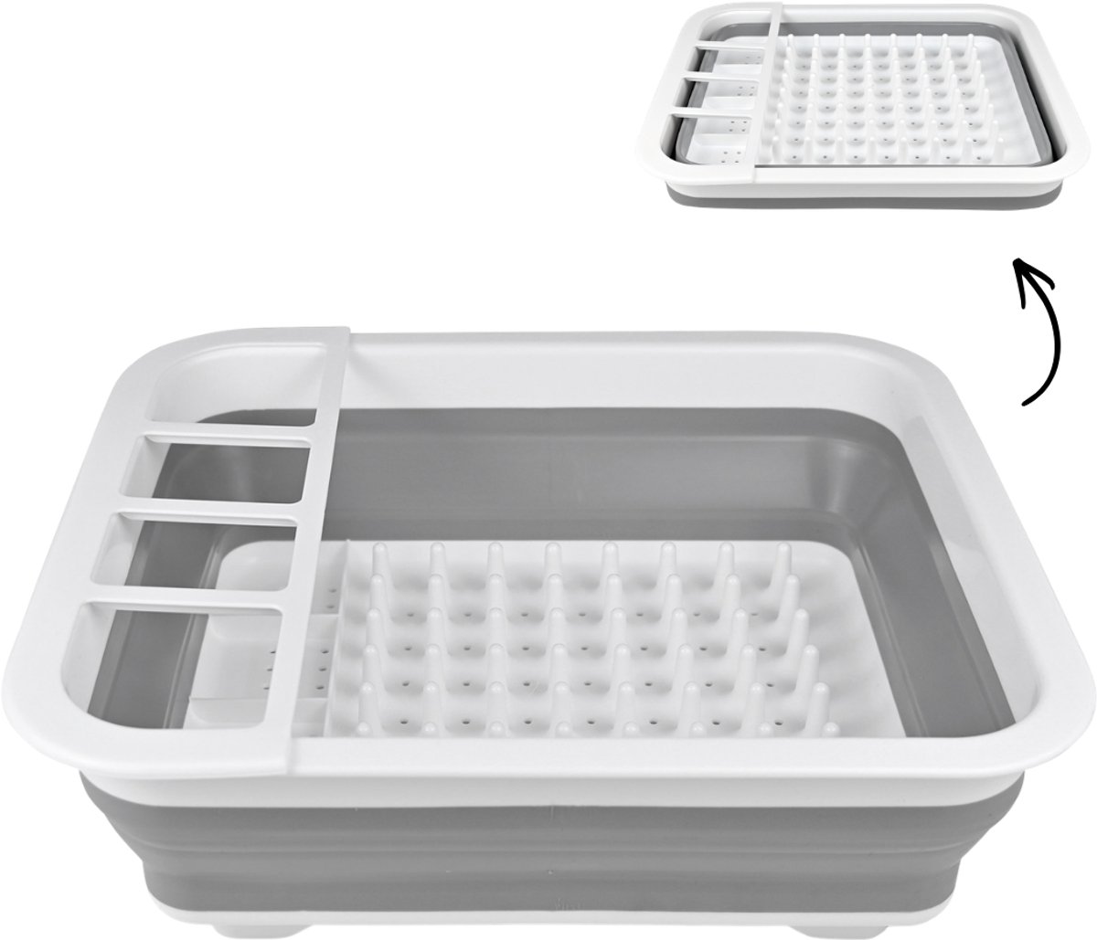Opvouwbaar Siliconen Afdruiprek – Grijs – Compact Serviesrek met Bestekvakken – BPA-Vrij – Inklapbaar - Ideaal voor Camping, Caravan & Kleine Keukens – Platinet