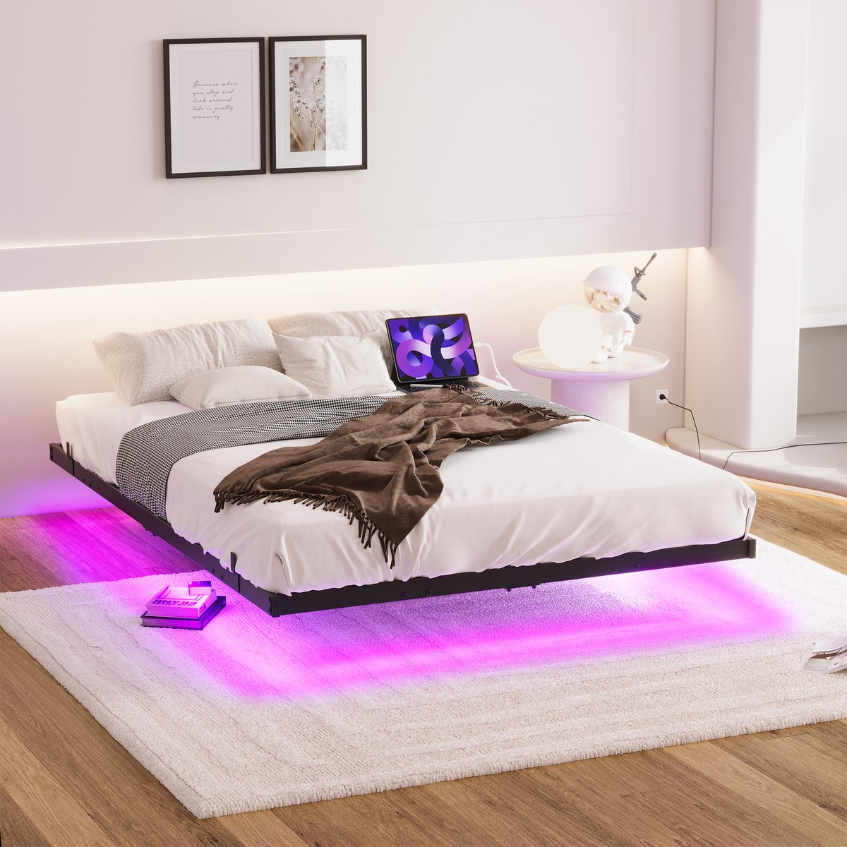 COVREO Bed 140x200 cm - met LED verlichting, laadstation, lattenbodem en zwart metalen frame