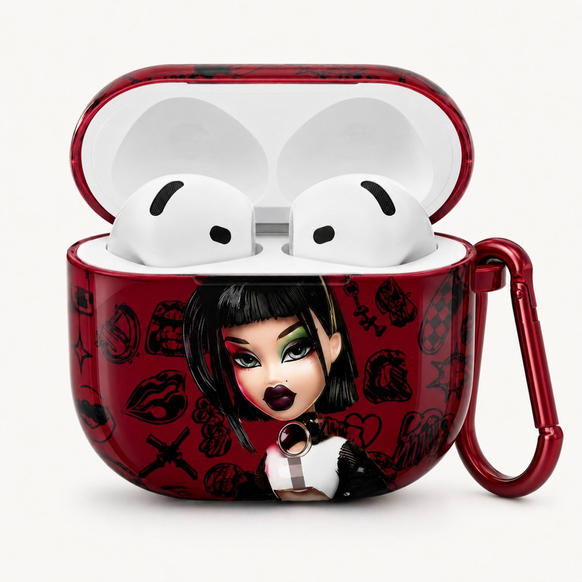 Enluxe Case geschikt voor Airpods 4 - Bordeaux Gothic Doll - Hardcase met Karabijnhaak, Schokbestendig