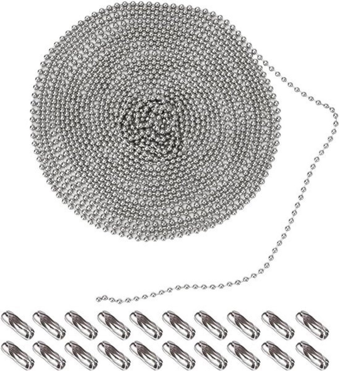 6 Meter 3mm RVS Kralen Rolketting met 20 Kralen Kettingverbindingen - Zilveren Kralenketting voor Sieraden Maken