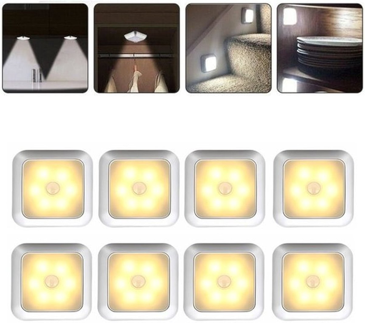 LED Lamp met Bewegingssensor, 8 LEDs Warm Wit Nachtlamp op Batterijen, Draadloze Magnetische Kastverlichting en Trapverlichting voor Gang, Badkamer, Slaapkamer, Keuken