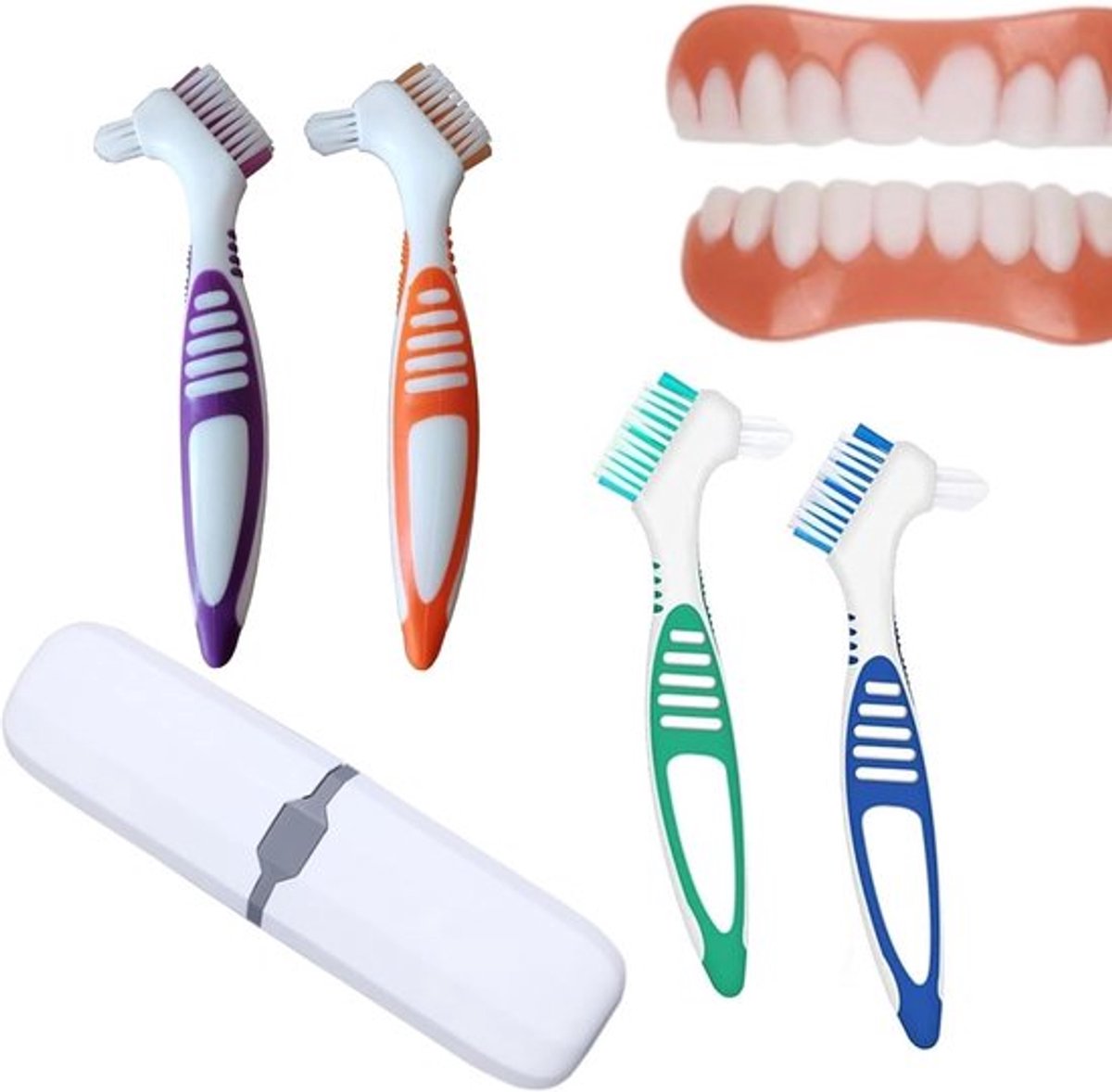4 Pcs Tandprothese Reinigingsborstels - Harde Borstels voor Tandprotheses - Draagbare Tandprothese Reinigingsborstels met Reisdoos voor Tandprothese Onderhoud en Schoonmaak