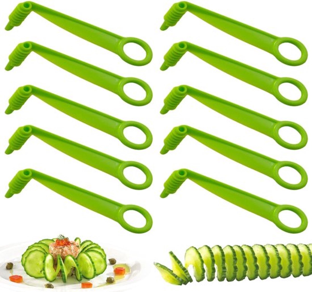 Verpakking van 10 groene spiraal dispensers, creatieve snijder, handgesneden keukengereedschap, bakaccessoires.