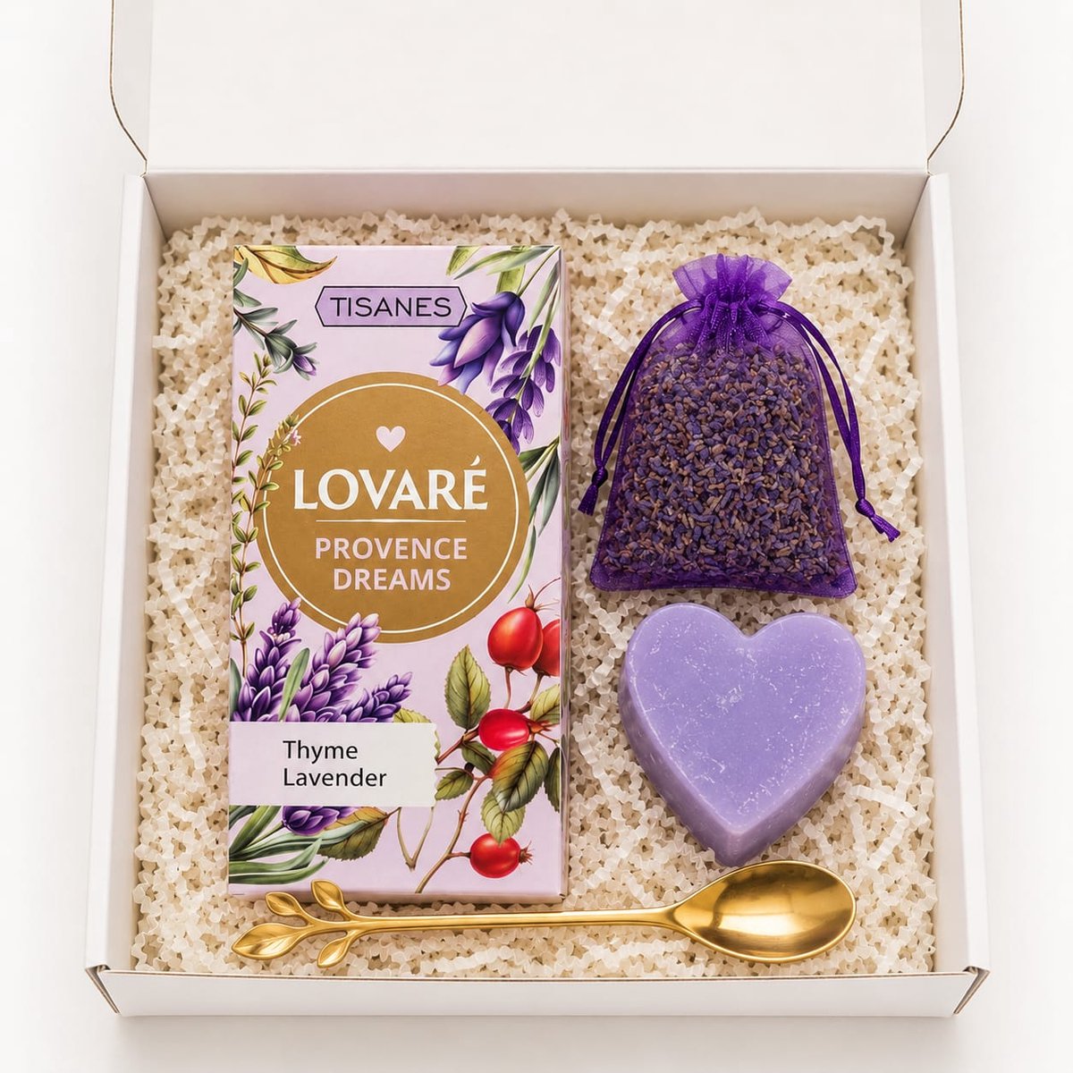 Lavendel Cadeauset – Lovaré Provence Dreams Thee 24 Zakjes + Hartvormige Lavendelzeep 30g + Houten Lepel + Gedroogde Lavendel in Organza Zakje – Wellness Cadeau