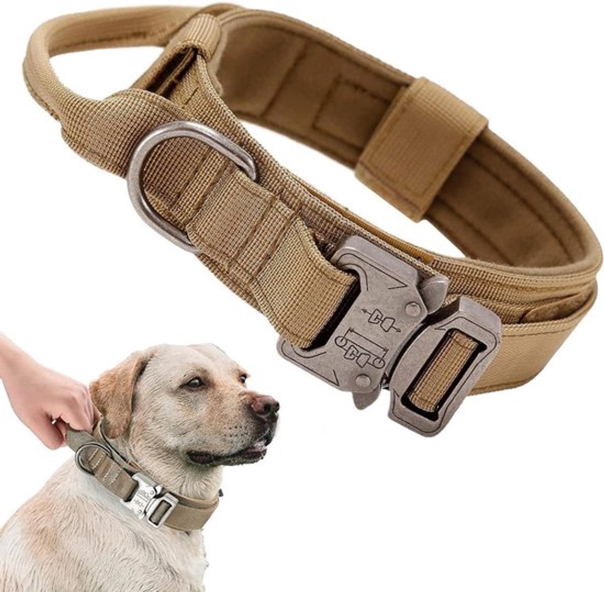 Verstelbare Tactische Hondenhalsband met Controlegreep en Gevoerde Breed Nylon Band voor Training en Jacht met Sterke Metalen Gesp - Maat L, geschikt voor Middelgrote en Grote Honden